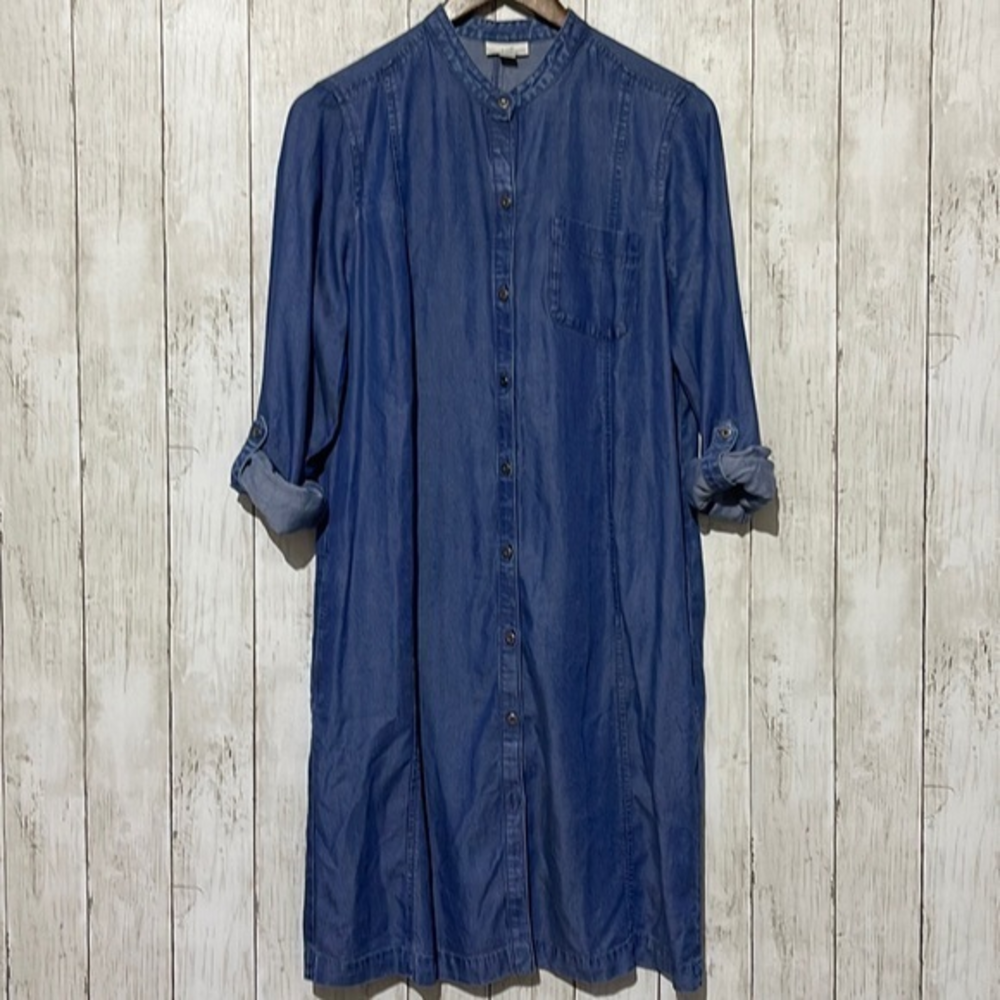 J. Jill Small Denim Shirt Dress Womens Blue Excellent Lyocell Roll Tab Sleeve